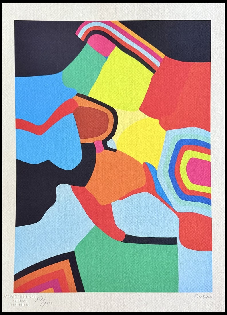 Alberto Burri Lithograph COA Signed and Numbered, Pencil Graded: Alberto Burri Lithograph COA Signed and Numbered, Pencil Graded Alberto Burri's lithograph, printed in 1978 in Italy, is part of 180 copies, features a signature from Keith Haring on the plate, and in