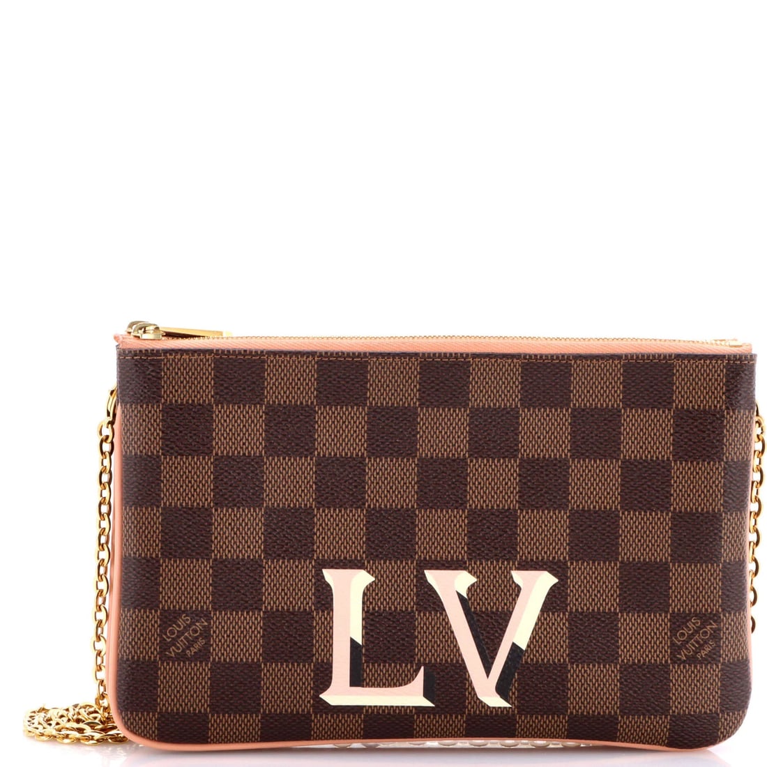 Louis Vuitton Damier Double Zip Pochette: Louis Vuitton Damier Double Zip Pochette Louis Vuitton Damier Double Zip Pochette is a brown coated canvas clutch featuring a pink leather and microfiber interior, measuring 5" in height and 8" in wid