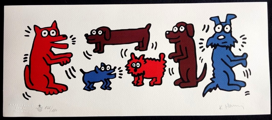 Keith Haring Lithograph Signed COA Numbered Stamped: Keith Haring Lithograph Signed COA Numbered Stamped Keith Haring chromolithography titled "Dogs," printed in 1989 in the United States, measuring 21 x 50 cm, with signature and certificate of authenti