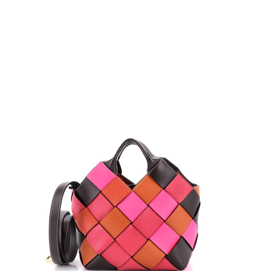 Small Leather Woven Basket Bag by Loewe: Small Leather Woven Basket Bag by Loewe Loewe small woven basket bag in multicolor leather, measuring 8" x 8.5" x 4", in very good condition with some exterior scuffs and creases. Item Specifics: Bran