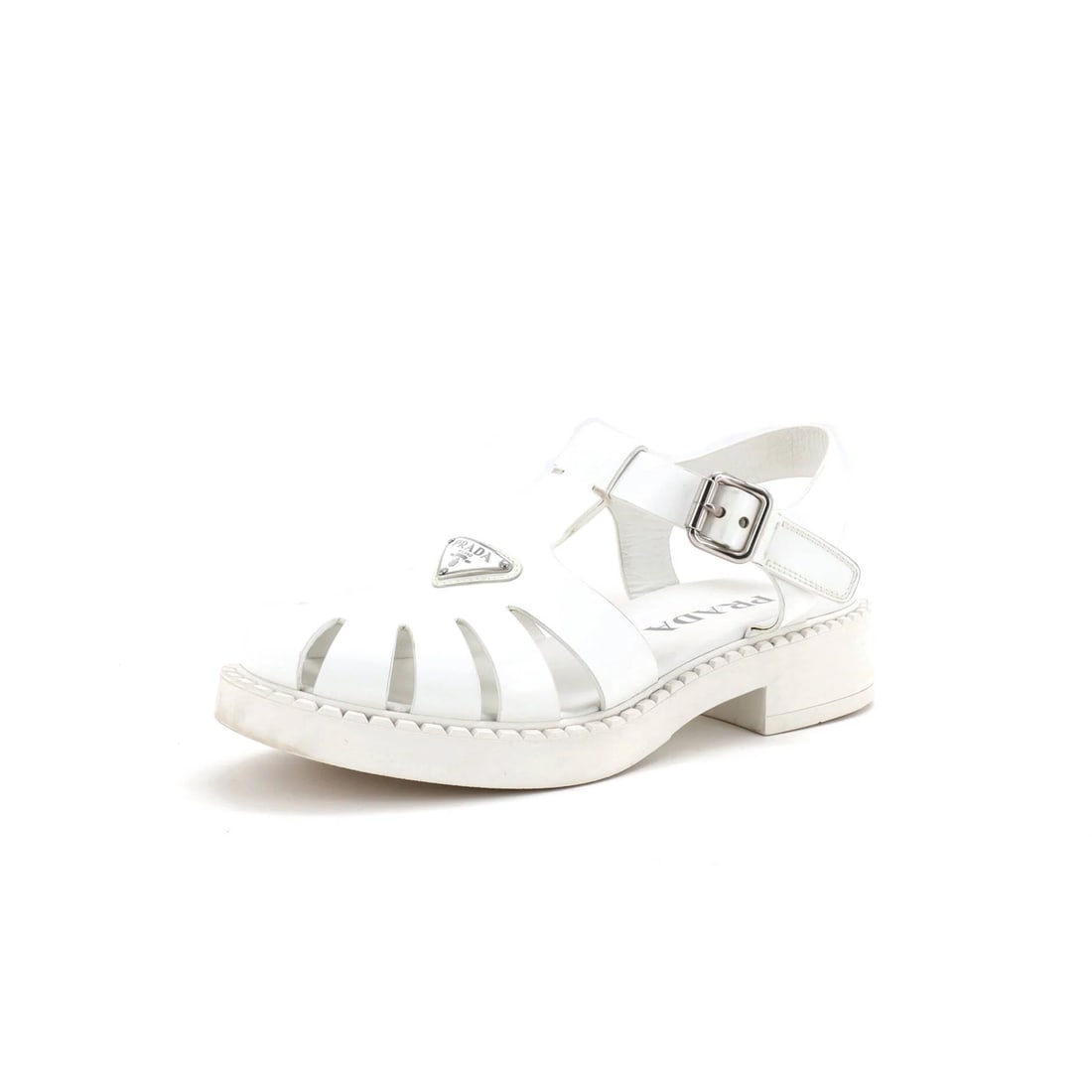 Prada Women's Rubber Fisherman Sandals: Prada Women's Rubber Fisherman Sandals Prada Women's Fisherman Sandals are white rubber sandals in size US 6.5, featuring a leather interior and noted for very good condition with visible scuffs and d