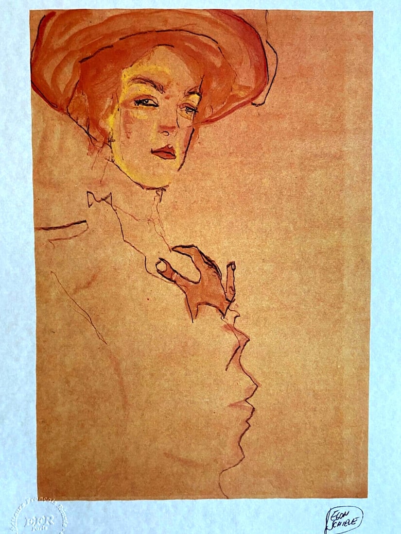 Lithograph by Egon Schiele: Lithograph by Egon Schiele Egon Schiele's lithograph 'Portrait of a Woman with the Hat' printed in 1979, measures 29 x 40 cm, with a limited edition of 175 specimens, showcasing the artist's signature
