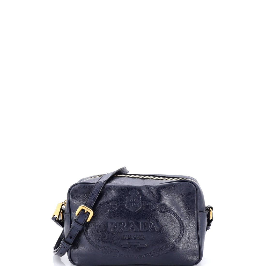 Small Embossed Leather Prada Logo Camera Bag: Small Embossed Leather Prada Logo Camera Bag This small embossed leather camera bag by Prada is blue with dimensions of 6" height, 8" width, and 3.5" depth. It is in very good condition with minor scu