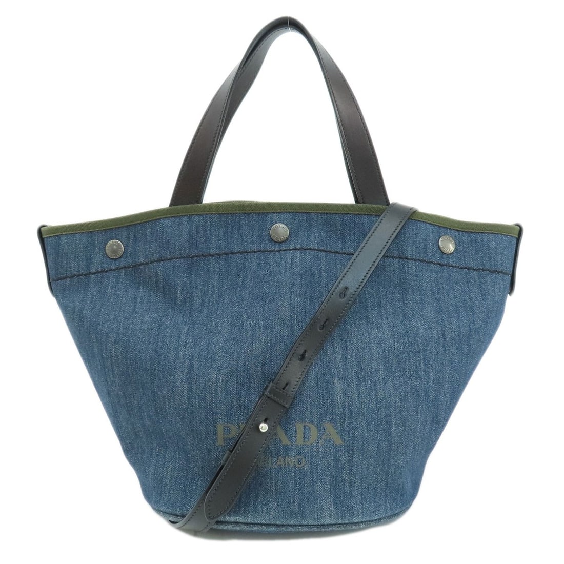 PRADA 1BG244 Denim Bucket Type 2WAY Handbag: PRADA 1BG244 Denim Bucket Type 2WAY Handbag PRADA 1BG244 Denim Bucket Handbag in navy, crafted in Italy, features a two-way design. Item Specifics: Brand: PRADA Style: Handbag Exterior Material: Denim