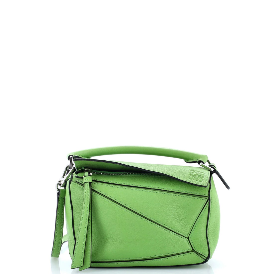 Loewe Mini Puzzle Bag in Leather: Loewe Mini Puzzle Bag in Leather Loewe Mini Puzzle Bag in green leather measures 4.5" in height, 7" in width, and includes a strap with adjustable drop. It is in great condition with minor scuffs on t