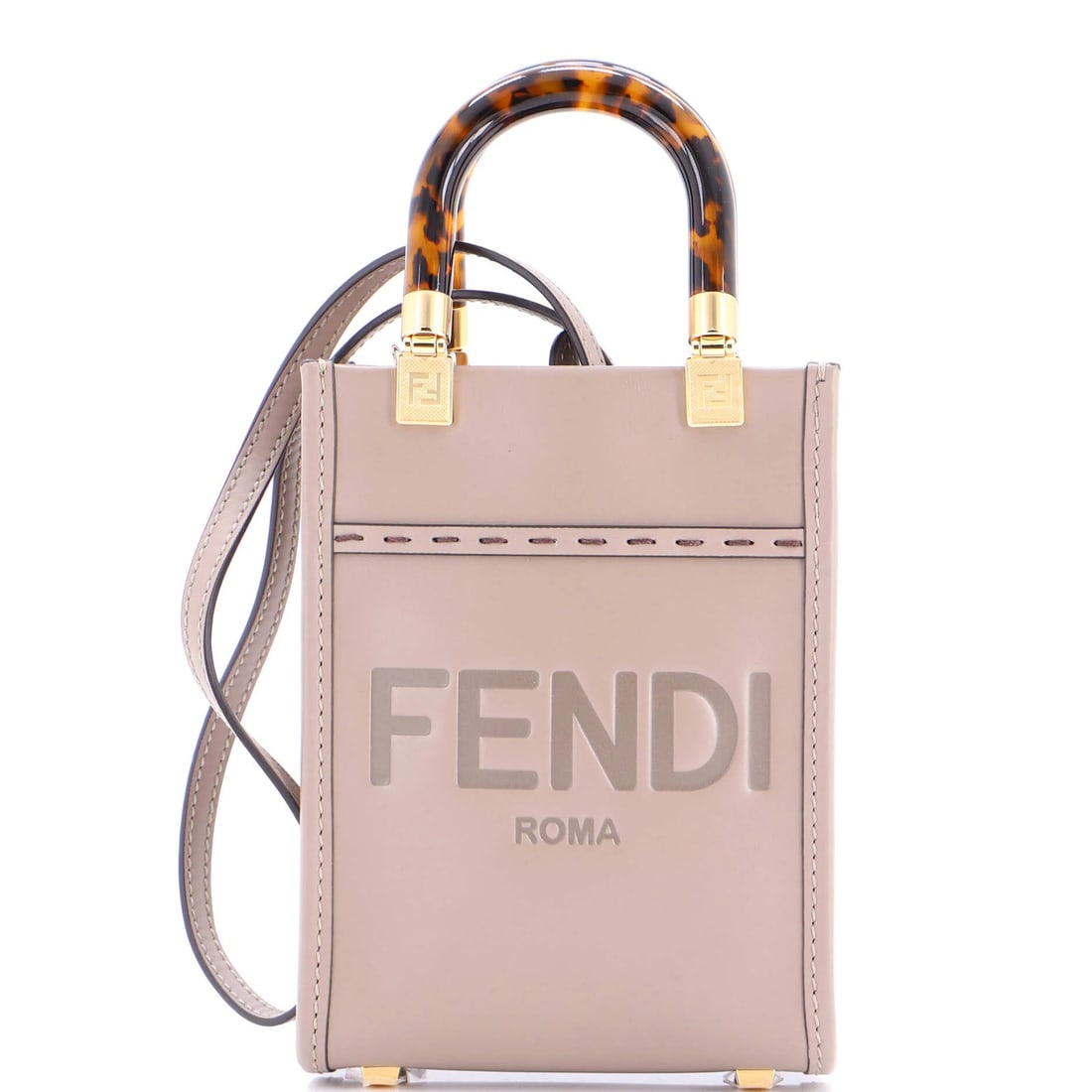 Fendi Mini Sunshine Shopper Tote Leather: Fendi Mini Sunshine Shopper Tote Leather Fendi Mini Sunshine Shopper Tote made of gray leather, featuring a brown interior, with dimensions including a handle drop of 3 inches, is in great condition w