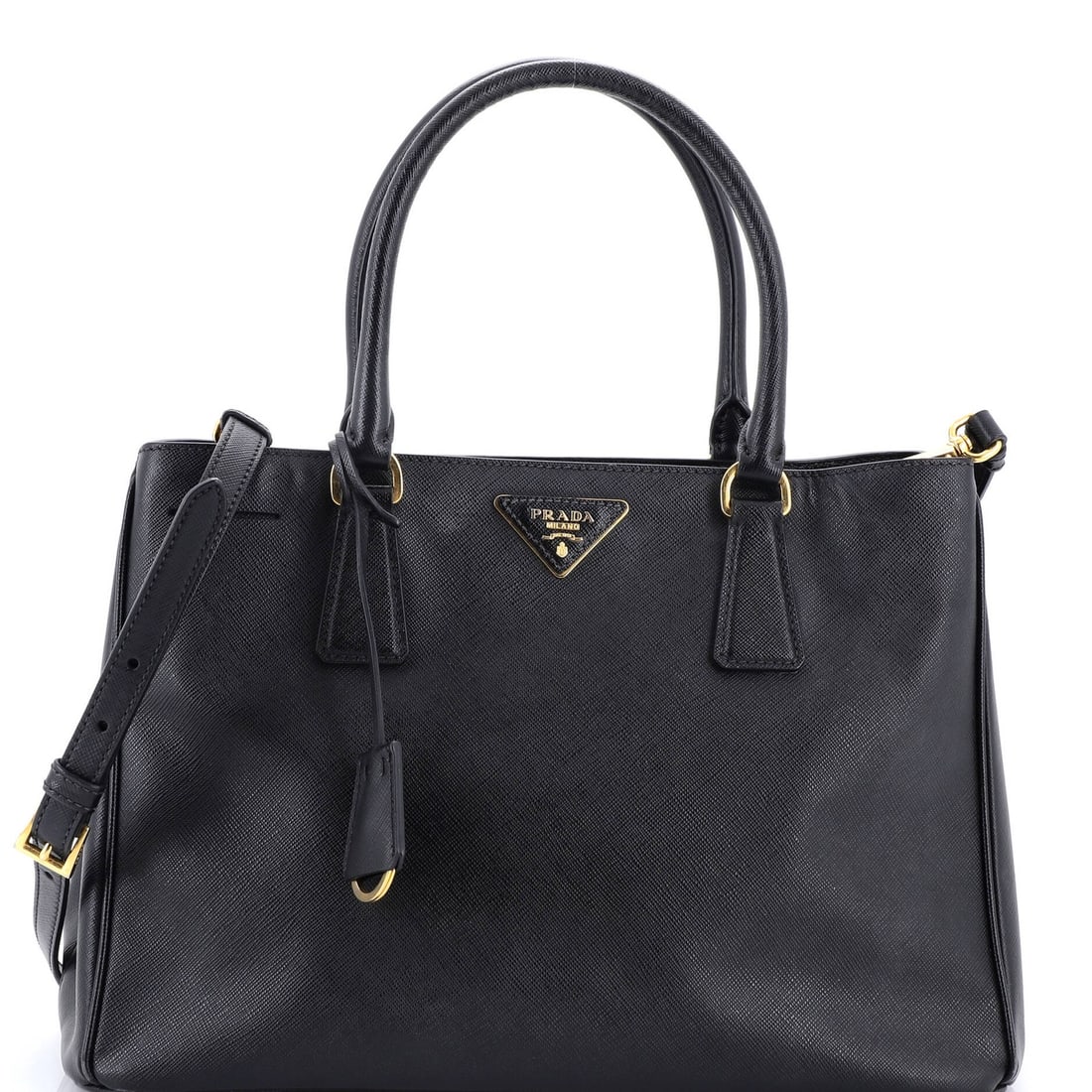 Prada Medium Gardener's Tote Saffiano Leather: Prada Medium Gardener's Tote Saffiano Leather Prada's Medium Gardener's Tote is made of black Saffiano leather, measuring 13.5 x 9 x 5 inches, and shows wear with scuffs and minor cracking. Item Speci