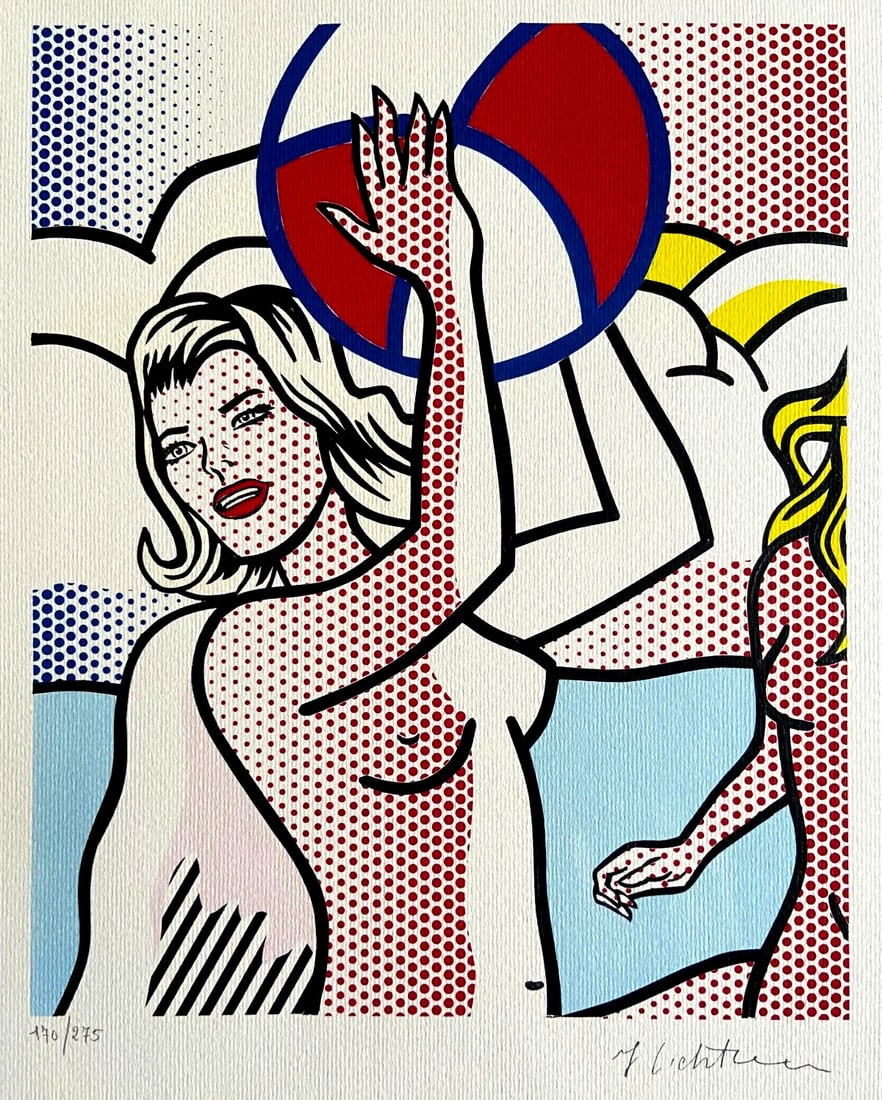 Limited Edition Lithograph by Roy Lichtenstein, Signed COA: Limited Edition Lithograph by Roy Lichtenstein, Signed COA Roy Lichtenstein's 1986 signed lithograph 'Naked with beach ball', measuring 32 x 39 cm, in a limited edition of 275, representing American p