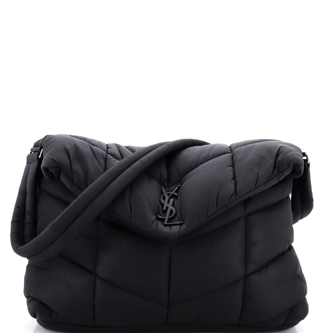 Saint Laurent Quilted Loulou Puffer Messenger Bag: Saint Laurent Quilted Loulou Puffer Messenger Bag This handcrafted rug is a modern leather patchwork design measuring 8' x 10', made from cowhide, and features a geometric pattern in beige and brown.