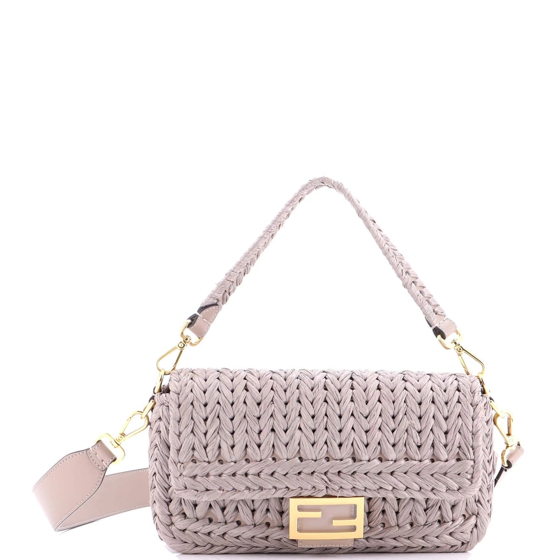Fendi Medium Baguette Bag Woven Raffia: Fendi Medium Baguette Bag Woven Raffia Fendi Medium Baguette Bag in gray woven raffia features gold hardware and measures 10.5" in width with a strap drop of 16". Condition is great with minor scuffs