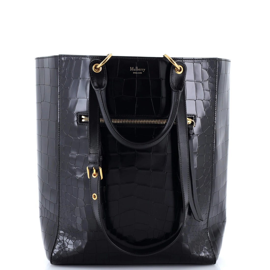 Medium Mulberry Maple Tote Crocodile Embossed Leather: Medium Mulberry Maple Tote Crocodile Embossed Leather The Medium Mulberry Maple Tote is made from crocodile embossed leather in black, with suede interior and a gold hardware finish. This bag measures