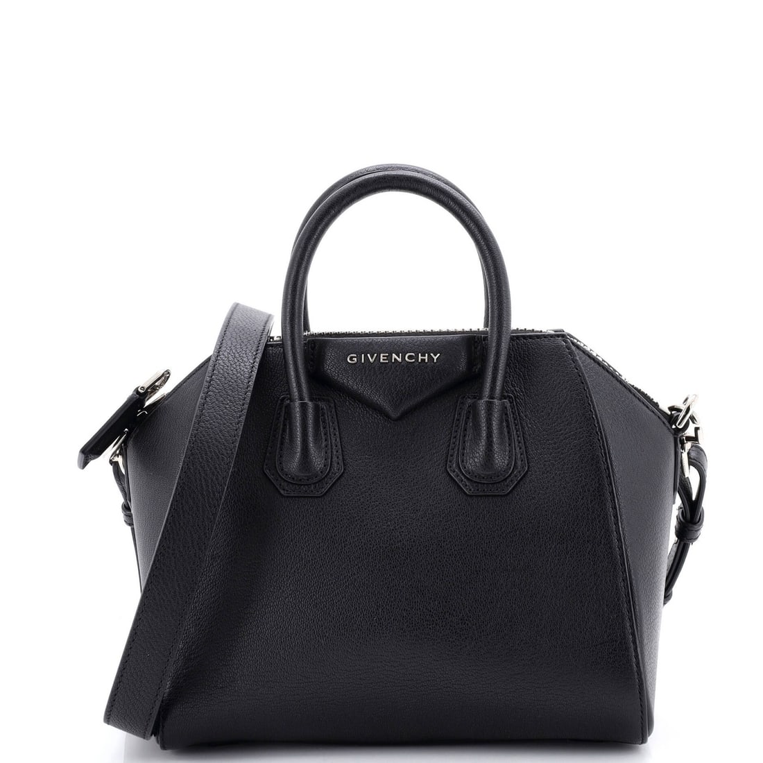 Givenchy Mini Antigona Bag Leather: Givenchy Mini Antigona Bag Leather The Givenchy Mini Antigona bag is crafted from black leather, featuring a compact design with measurements suitable for crossbody wear; it?s in very good condition w