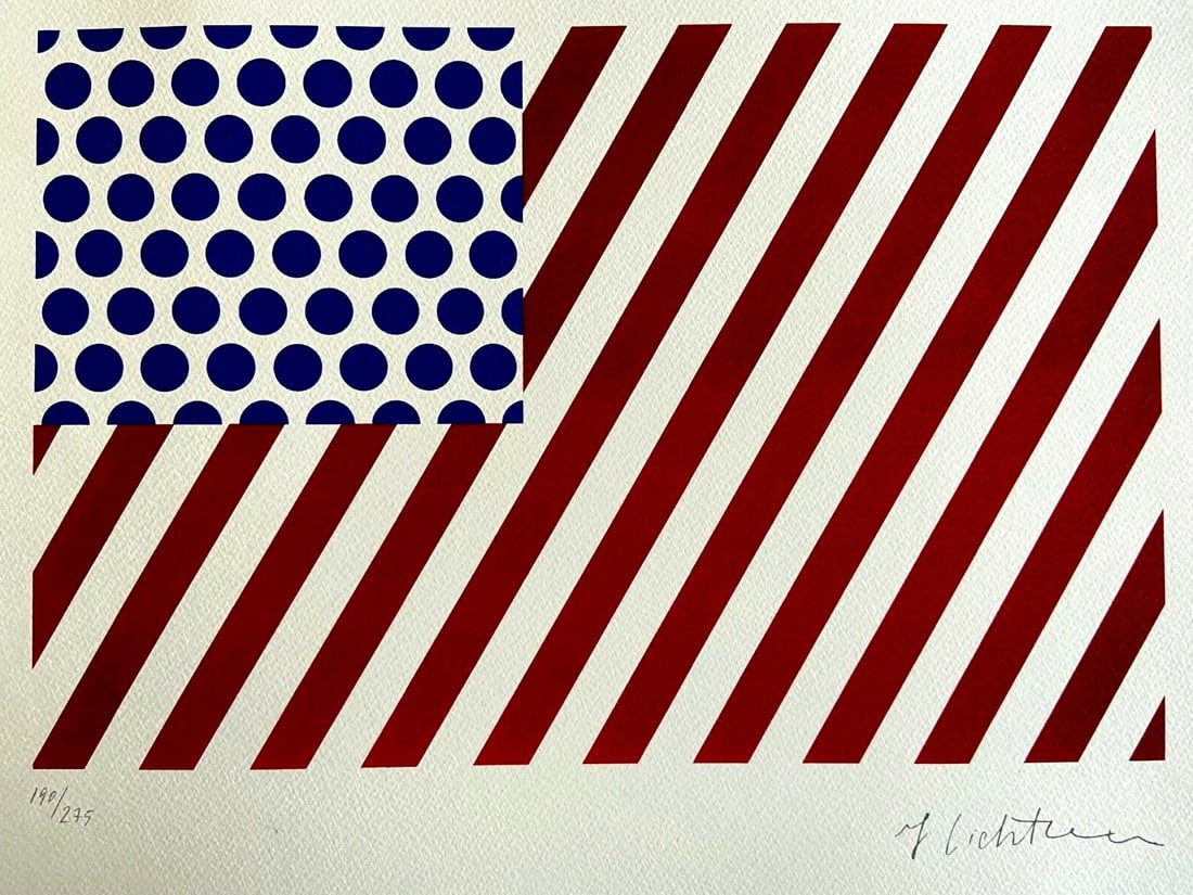 Signed Roy Lichtenstein Lithograph, Numbered with COA: Signed Roy Lichtenstein Lithograph, Numbered with COA This signed Roy Lichtenstein lithograph titled 'Flag' from 1986 measures 32 x 42 cm and is one of 275 hand-numbered copies, showcasing a signature