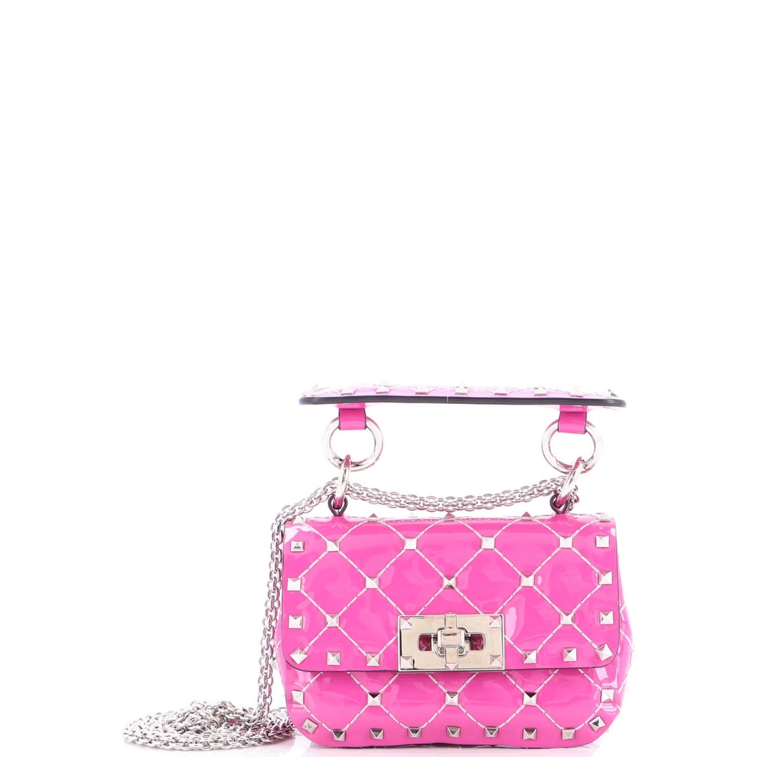 Valentino Garavani Rockstud Spike Micro Flap Bag: Valentino Garavani Rockstud Spike Micro Flap Bag The Valentino Garavani Rockstud Spike Micro Flap Bag is a pink patent leather crossbody with a height of 4" and includes an extra strap, showcasing