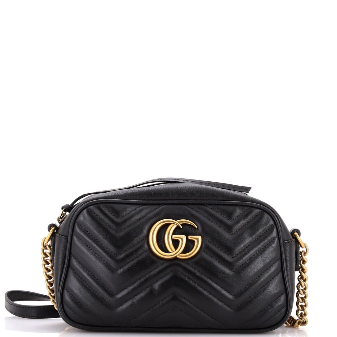 Small Gucci GG Marmont Shoulder Bag Matelasse Leather: Small Gucci GG Marmont Shoulder Bag Matelasse Leather Small Gucci GG Marmont shoulder bag in black matelasse leather, with dimensions of 5" height, 9" width, and 3" depth, showing minor wear and an es