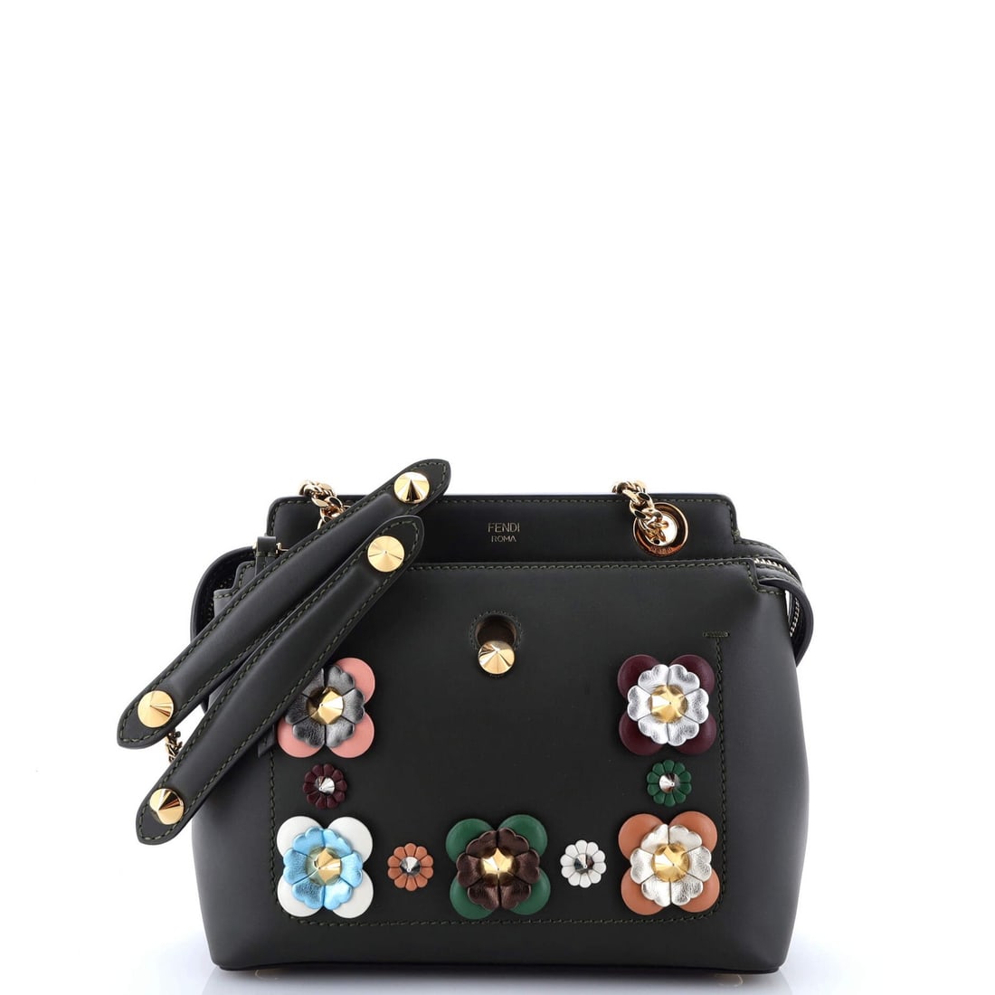 Fendi Flowerland DotCom Small Convertible Satchel Leather Embellished: Fendi Flowerland DotCom Small Convertible Satchel Leather Embellished This Fendi Flowerland DotCom small convertible satchel is made from green leather, featuring gold hardware, and measuring 7" in he