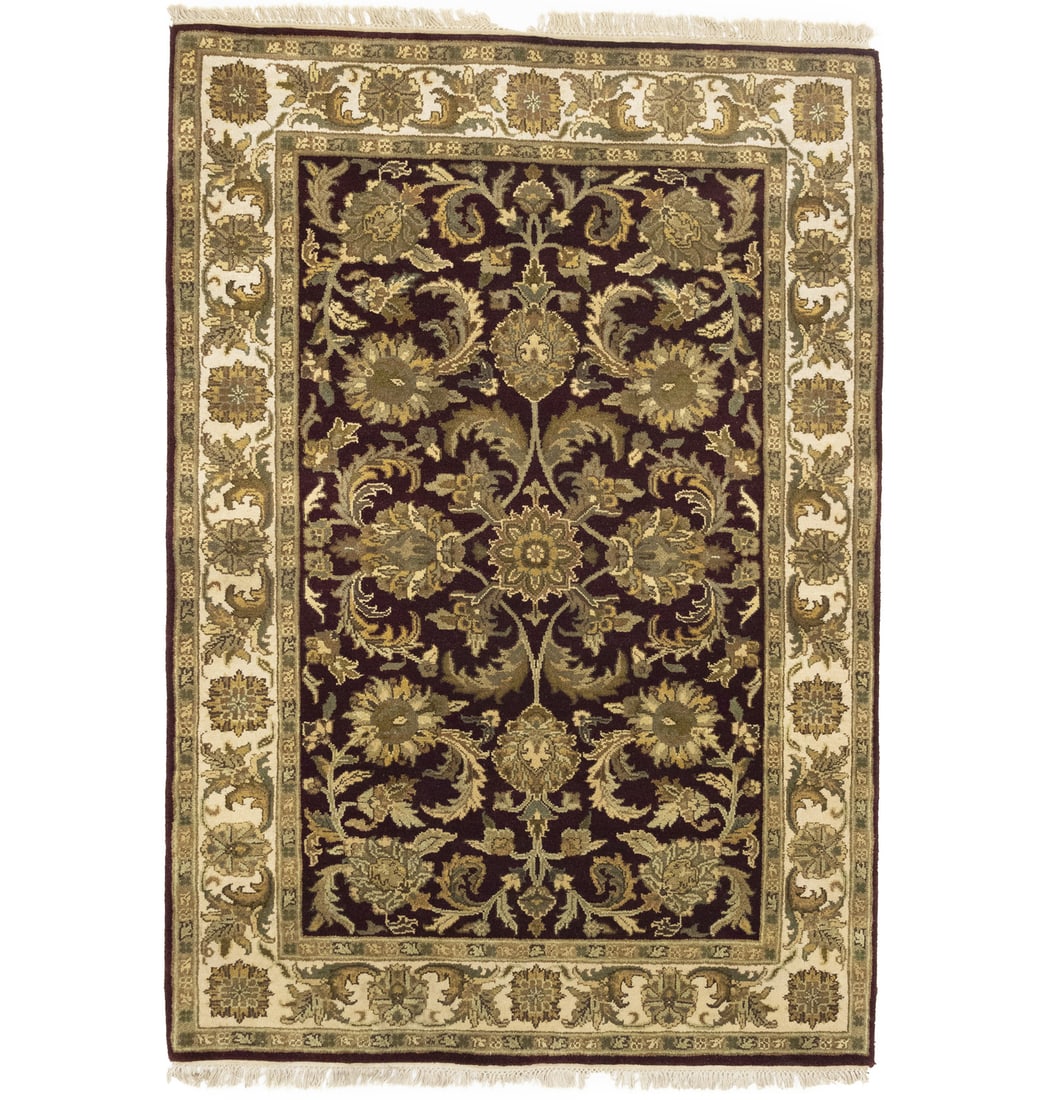 4X6 ft Handmade Wool Oriental Rug Agra Jaipur Thick Pile Farmhouse Decor: 4X6 ft Handmade Wool Oriental Rug Agra Jaipur Thick Pile Farmhouse Decor Handmade Wool Oriental Rug from Agra, Jaipur, measures 4'2" x 6'1" and features a traditional floral pattern in burgundy,