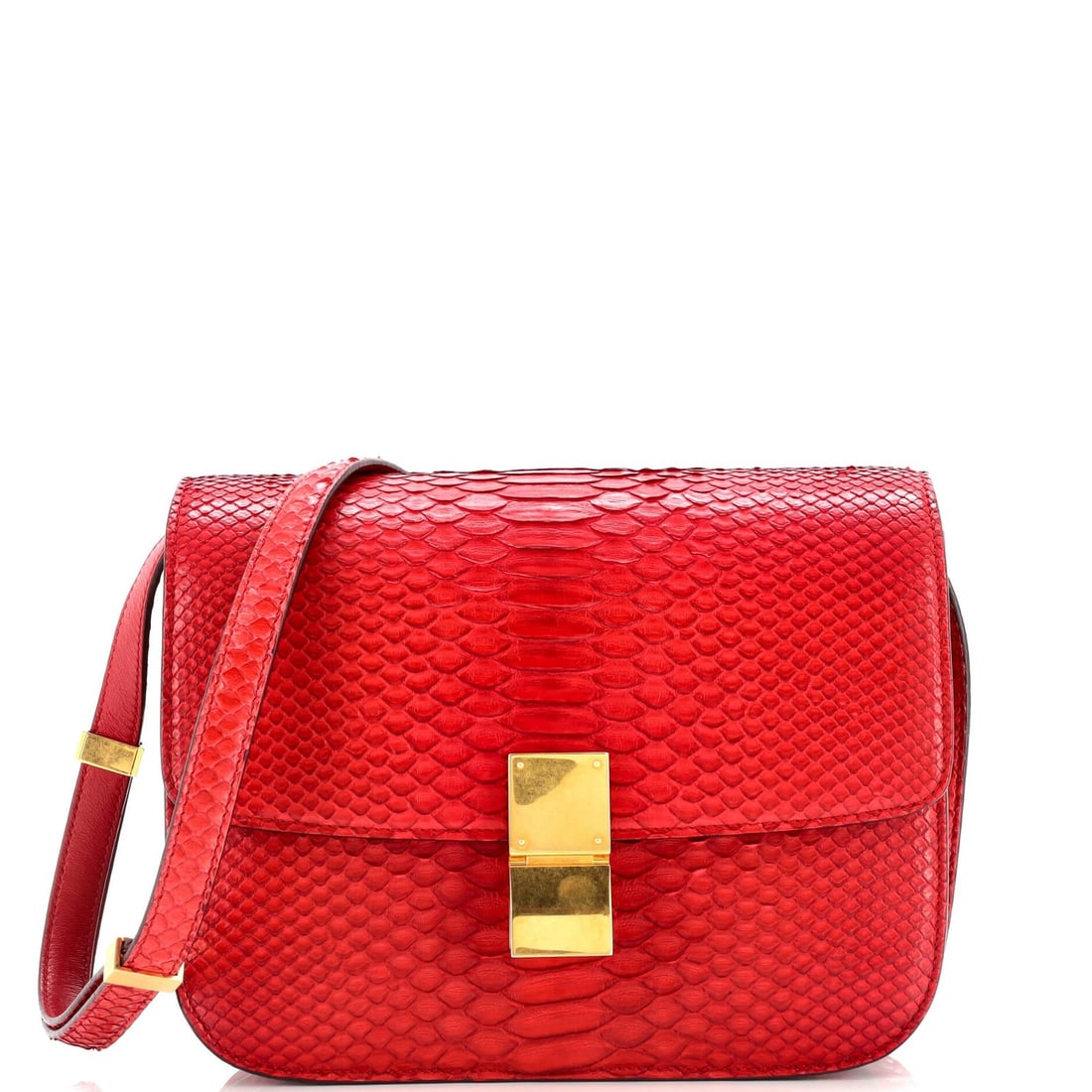 Celine Medium Classic Box Bag Python: Celine Medium Classic Box Bag Python Celine Medium Classic Box Bag in exotic red python, measuring 7" height, 9" width, and 4" depth, includes a strap. The bag shows signs of wear with a condition