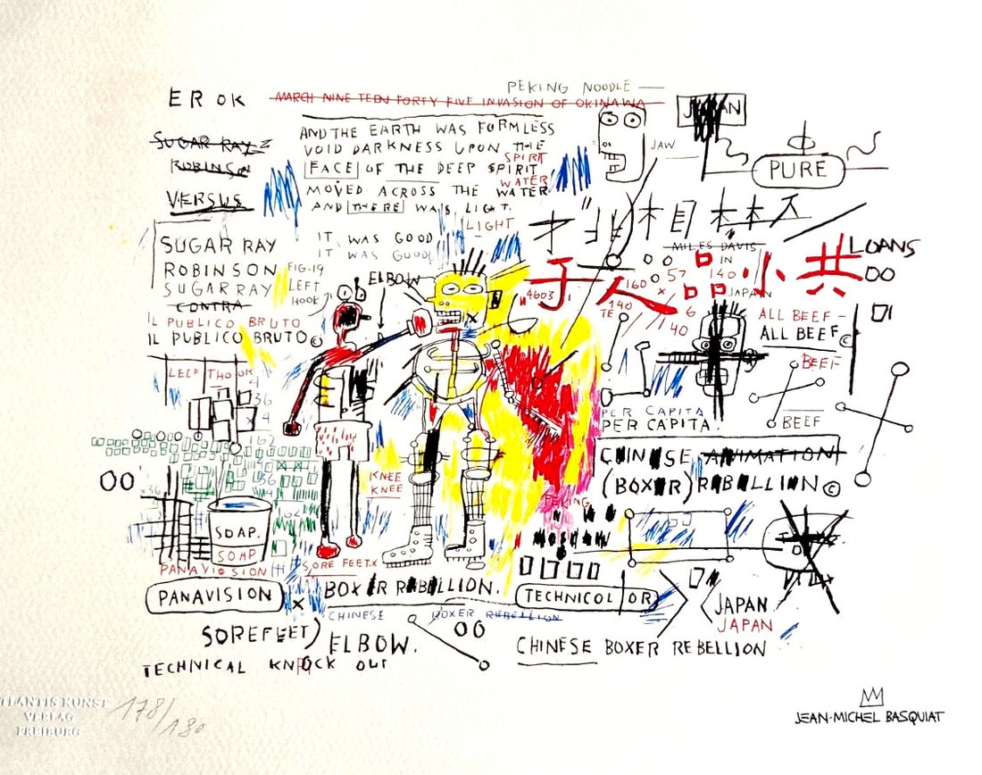 180 Jean-Michel Basquiat Lithograph Signed Numbered Stamp: 180 Jean-Michel Basquiat Lithograph Signed Numbered Stamp This Jean-Michel Basquiat lithograph titled 'Rebellion of Boxers', printed in 1987 in a limited edition of 180, features his signature and