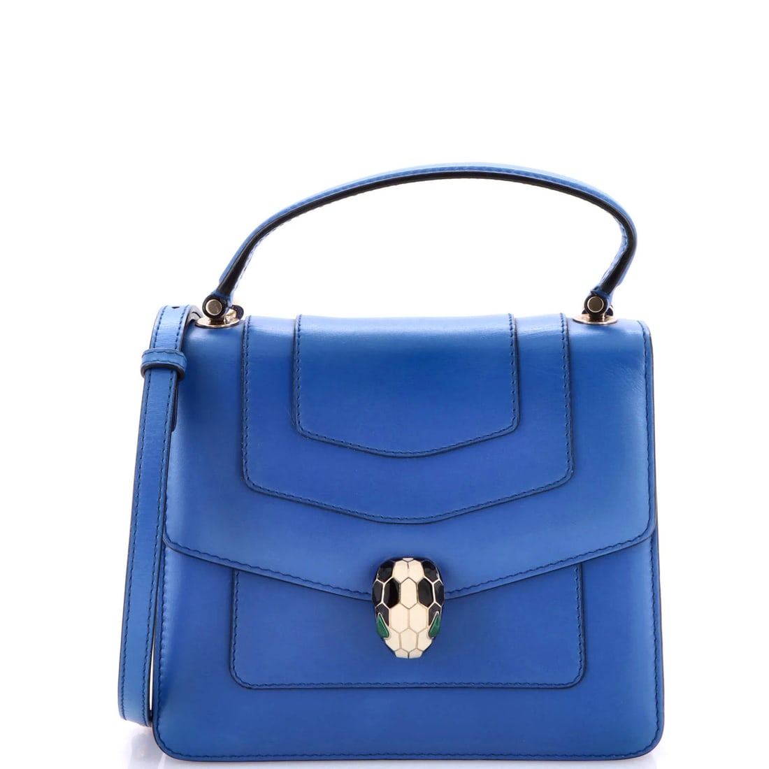 Bvlgari Serpenti Forever Small Top Handle Bag Leather: Bvlgari Serpenti Forever Small Top Handle Bag Leather The Bvlgari Serpenti Forever small top handle bag in blue leather features gold-tone hardware and includes a mirror with a strap, presenting in