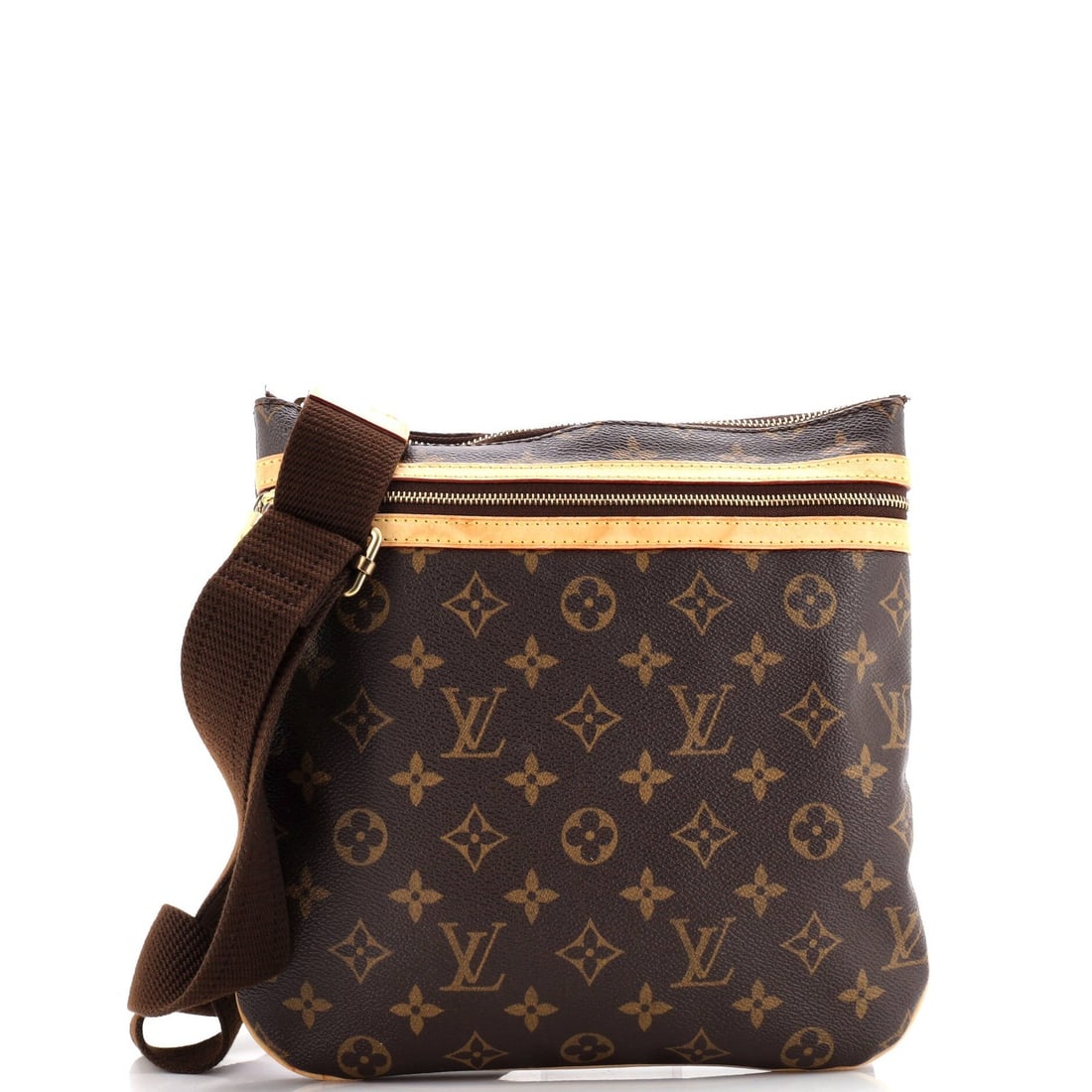 Louis Vuitton Bosphore Pochette in Monogram Canvas: Louis Vuitton Bosphore Pochette in Monogram Canvas The Louis Vuitton Bosphore Pochette in monogram canvas features a brown exterior and various measurements, presented in good condition with some