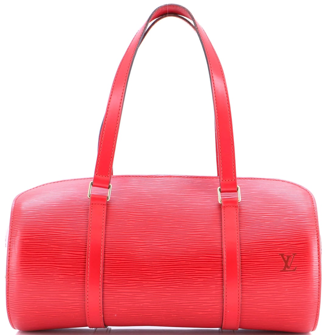 Epi Leather Handbag Louis Vuitton Soufflot: Epi Leather Handbag Louis Vuitton Soufflot Louis Vuitton Soufflot Bowler Handbag in red Epi leather, featuring dimensions of 6" height, 12" width, and 5.5" depth, in fair condition with significant
