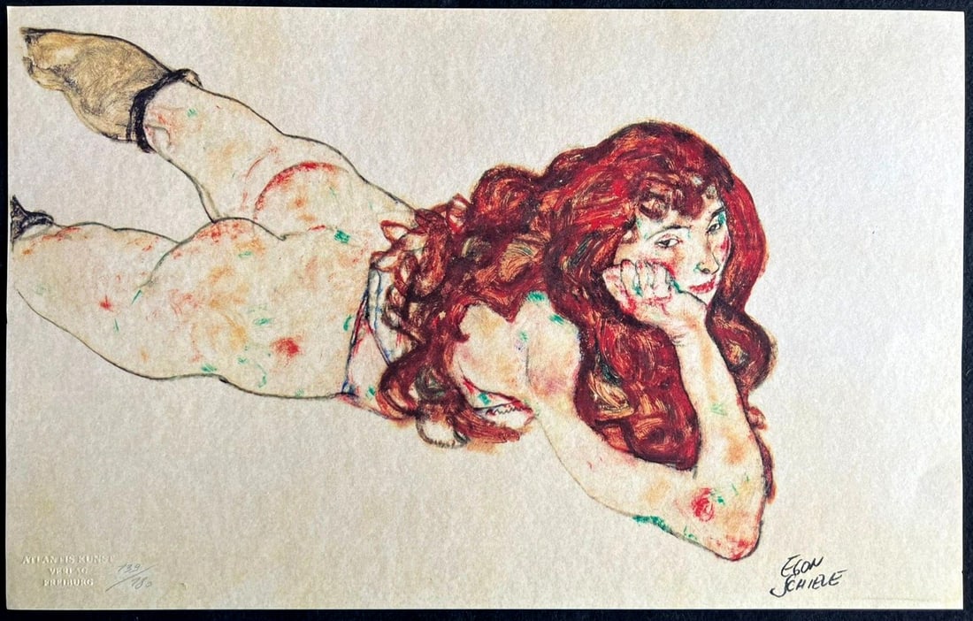 Egon Schiele Lithograph Signed COA From An Painting Numbered: Egon Schiele Lithograph Signed COA From An Painting Numbered Egon Schiele 'Nude lying' chromolithography printed in 1978, measuring 30 x 48 cm, with 180 specimens, featuring Schiele's signature on