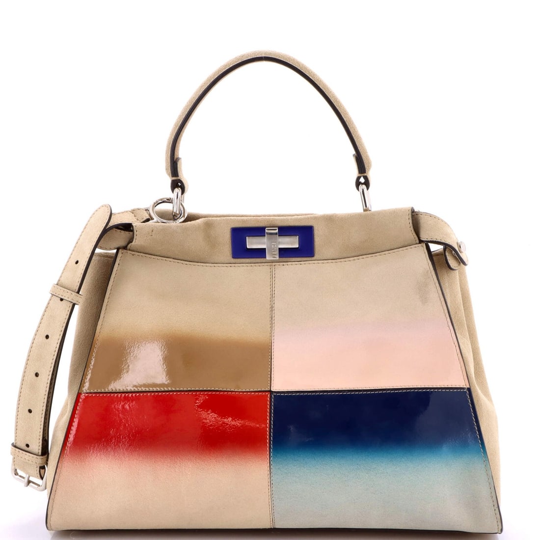 Fendi Color Block Peekaboo Bag in Patent and Suede: Fendi Color Block Peekaboo Bag in Patent and Suede The Fendi Color Block Peekaboo Bag is a top handle bag made of patent leather and suede, featuring a neutral exterior and measuring 10 x 13.5 x 4.5 i