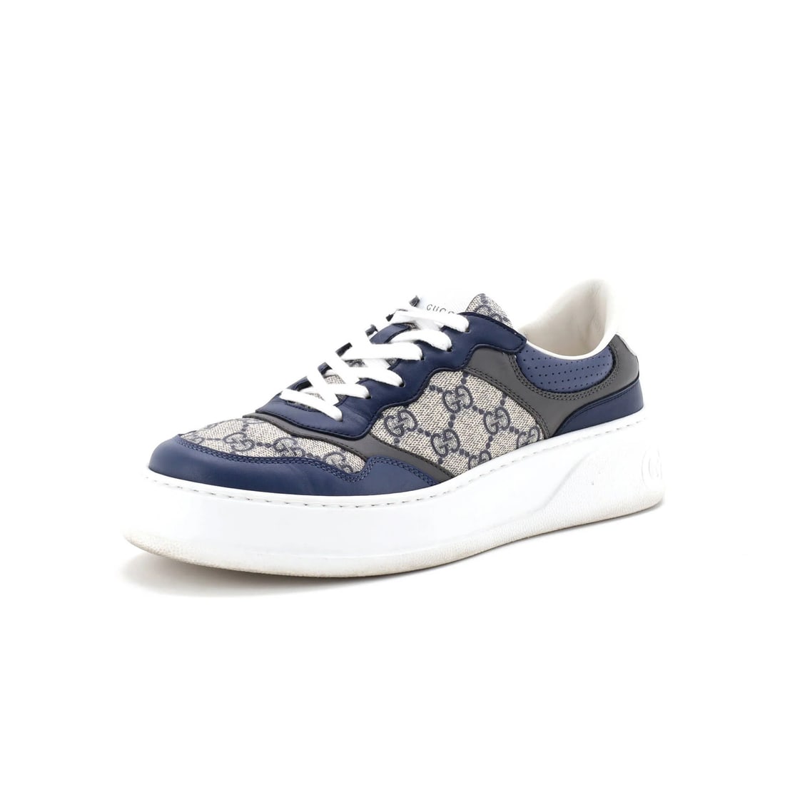 Gucci Men's Dali Sneakers GG Coated Canvas & Leather: Gucci Men's Dali Sneakers GG Coated Canvas & Leather Gucci Men's Dali Sneakers feature blue GG coated canvas and leather, size US 6.5, in very good condition with notable creasing and scuffs. Item Spe