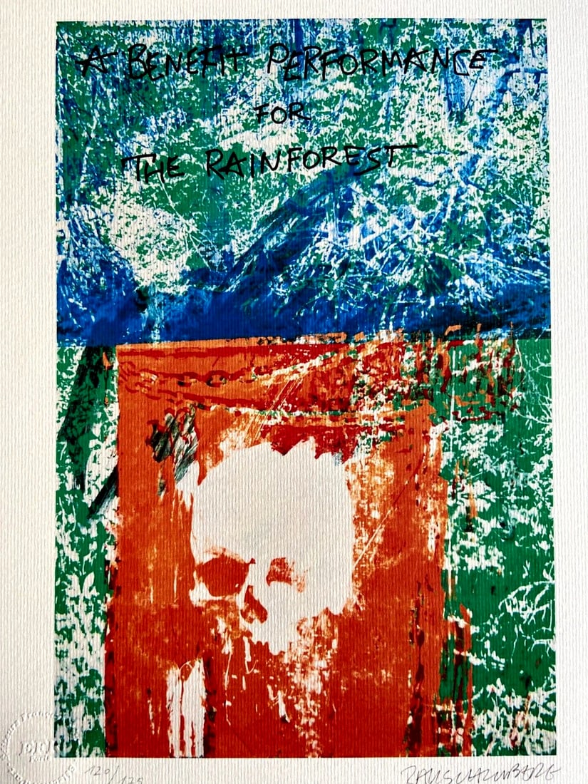 Robert Rauschenberg Lithograph Certified COA Numbered Stamp: Robert Rauschenberg Lithograph Certified COA Numbered Stamp Robert Rauschenberg's lithograph 'A Beneficial Performance for the Rainforest' was printed in 1991, measures 30 x 40 cm, and includes a numb
