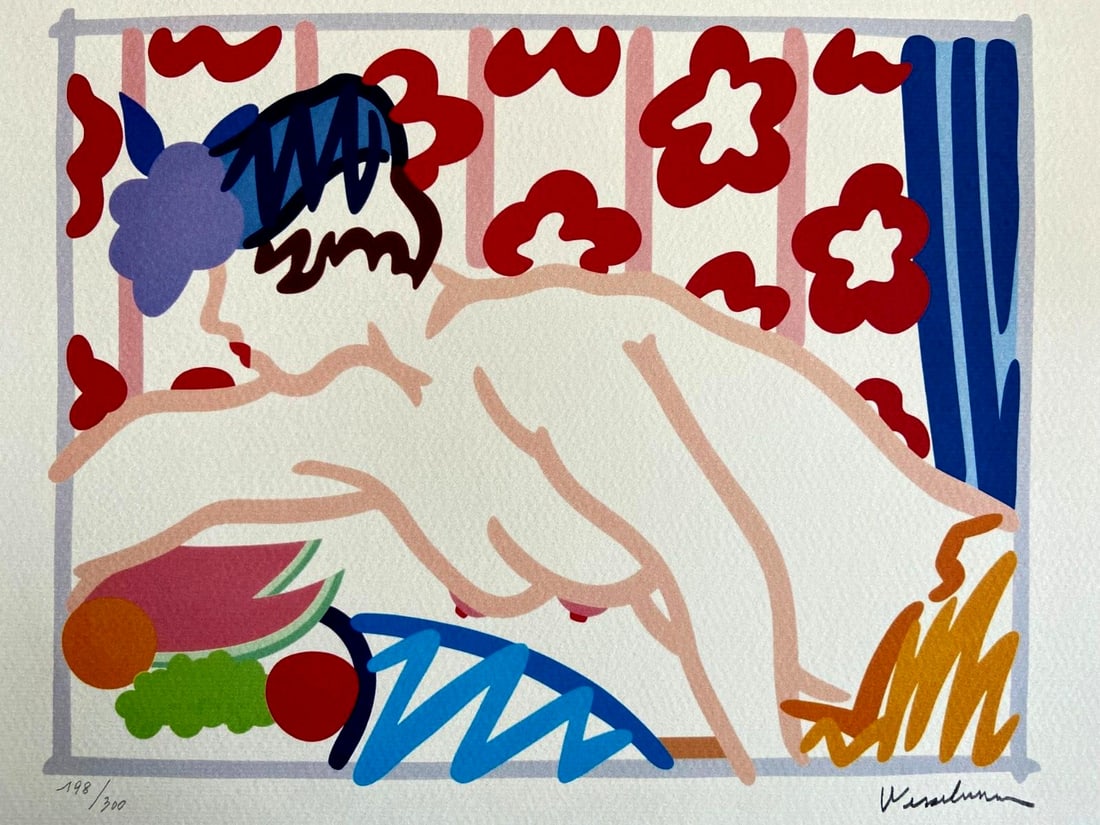 Tom Wesselmann Lithograph Signed COA Op Numbered By Hand: Tom Wesselmann Lithograph Signed COA Op Numbered By Hand Tom Wesselmann's lithograph 'Judy stretches on the table', printed in 2005, is signed and numbered, measuring 31 x 40 cm with a limitation of