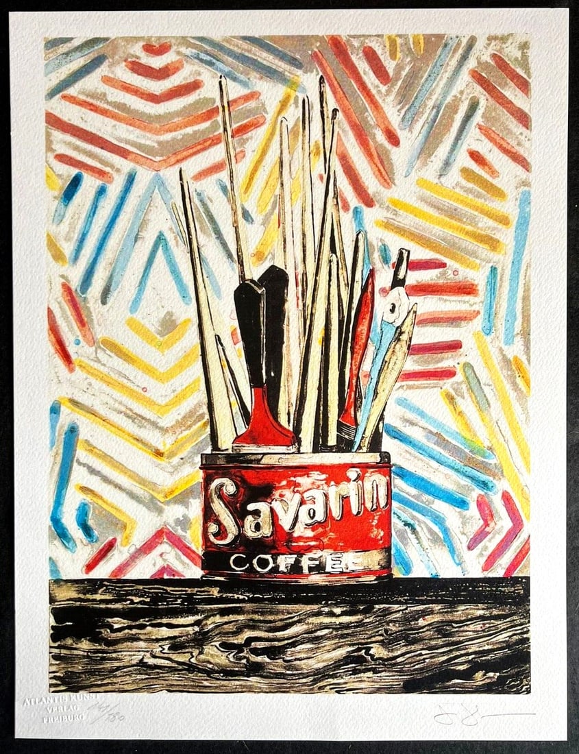 Jasper Johns Lithograph Signed COA Numbered Op Pencil Stamp 180ex: Jasper Johns Lithograph Signed COA Numbered Op Pencil Stamp 180ex Jasper Johns lithograph 'Savarin', printed in 1984, is signed and numbered, measuring 32 x 42 cm, limited to 180 pieces, with a dry