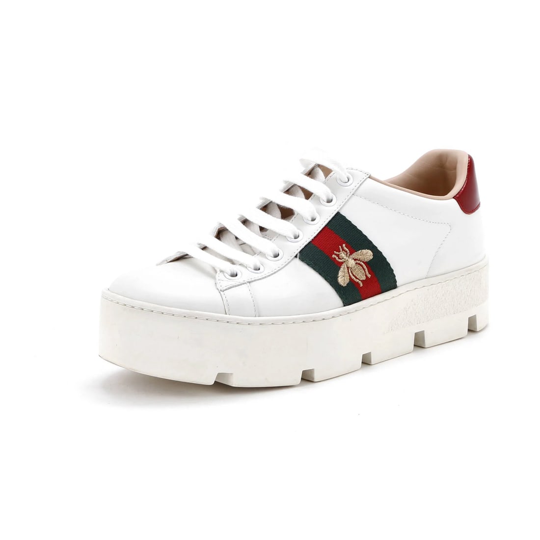 Gucci Women's Leather Ace Web Platform Sneakers: Gucci Women's Leather Ace Web Platform Sneakers Gucci Women's Leather Ace Web Platform Sneakers in white, size US(W) 6 | IT 36, feature a leather upper with green, red, and white colors, and are in ve