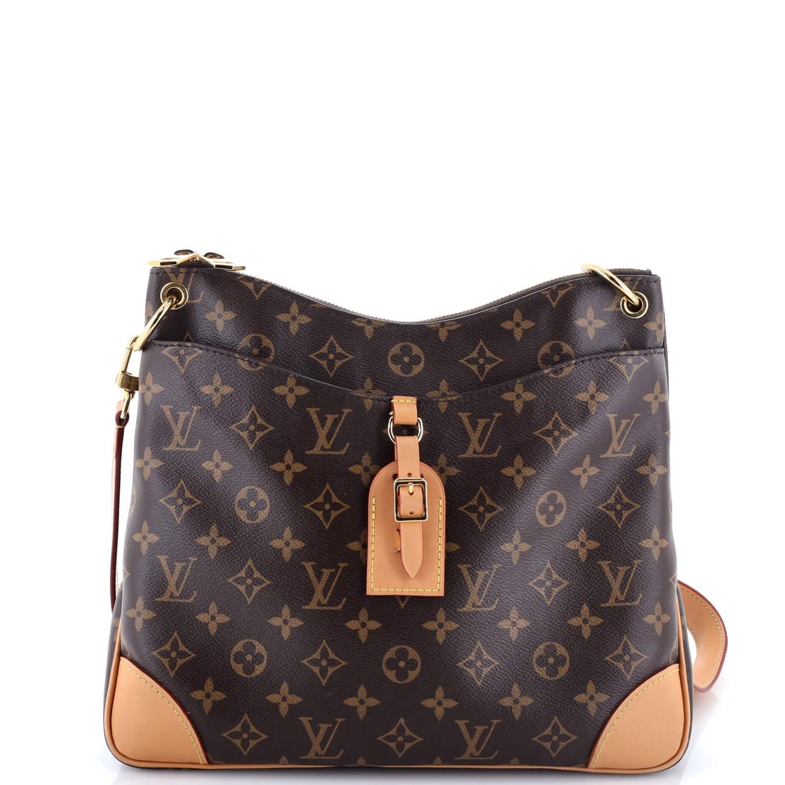 MM Louis Vuitton Odeon NM Handbag Monogram Canvas: MM Louis Vuitton Odeon NM Handbag Monogram Canvas MM Louis Vuitton Odeon NM handbag in brown monogram canvas, measuring 10" x 12" x 3.5", with a luggage tag, in good condition with heavy corner wear,