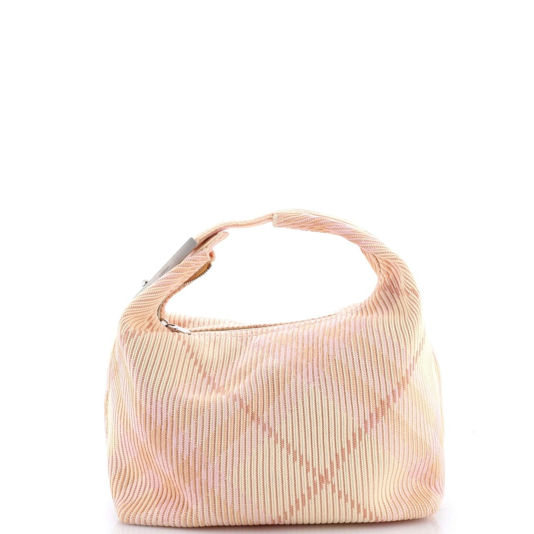 Burberry Medium Peg Handle Bag Knit Check Fabric: Burberry Medium Peg Handle Bag Knit Check Fabric Burberry medium Peg Handle bag made of knit check fabric in orange, measuring 8" x 12" x 5", in excellent condition with minor creases and minor