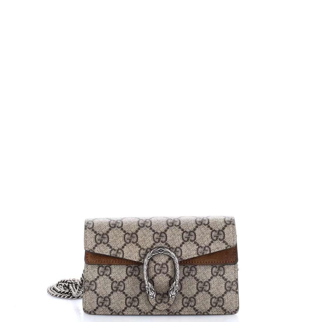 Gucci Dionysus Super Mini Bag GG Coated Canvas: Gucci Dionysus Super Mini Bag GG Coated Canvas Gucci Dionysus super mini bag in brown GG coated canvas, measuring 4" x 6.5" x 1.5", in very good condition with minor wear and interior scuffs,