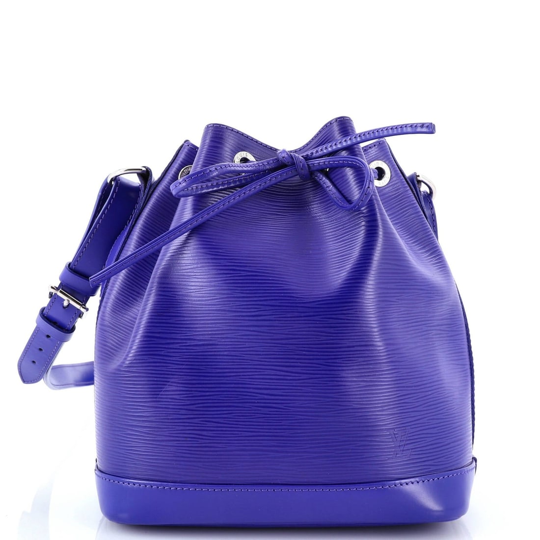 Louis Vuitton NeoNoe BB Handbag Epi Leather: Louis Vuitton NeoNoe BB Handbag Epi Leather Louis Vuitton NeoNoe BB handbag in purple Epi leather, size BB with measurements of 8" x 8.5" x 5", in fair condition showing prominent wear, creases, and