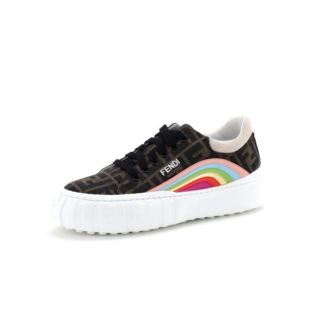 Fendi Women's Low-Top Sneakers Zucca Jacquard Rainbow Leather: Fendi Women's Low-Top Sneakers Zucca Jacquard Rainbow Leather Fendi's Women's Force Rainbow Low-Top Sneakers size US 7 features jacquard and leather materials in a brown and multicolor design, showing