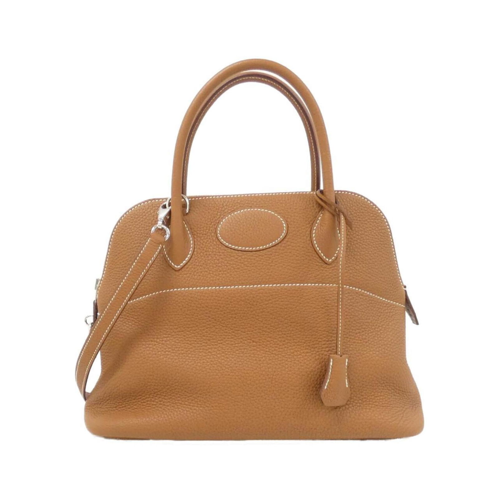 Taurillon Clemence Leather Handbag by Hermes: Taurillon Clemence Leather Handbag by Hermes Hermes Taurillon Clemence leather handbag in brown and gold brown, sized 23cm x 31cm x 12cm, in very good used condition with minor traces of usage. Item