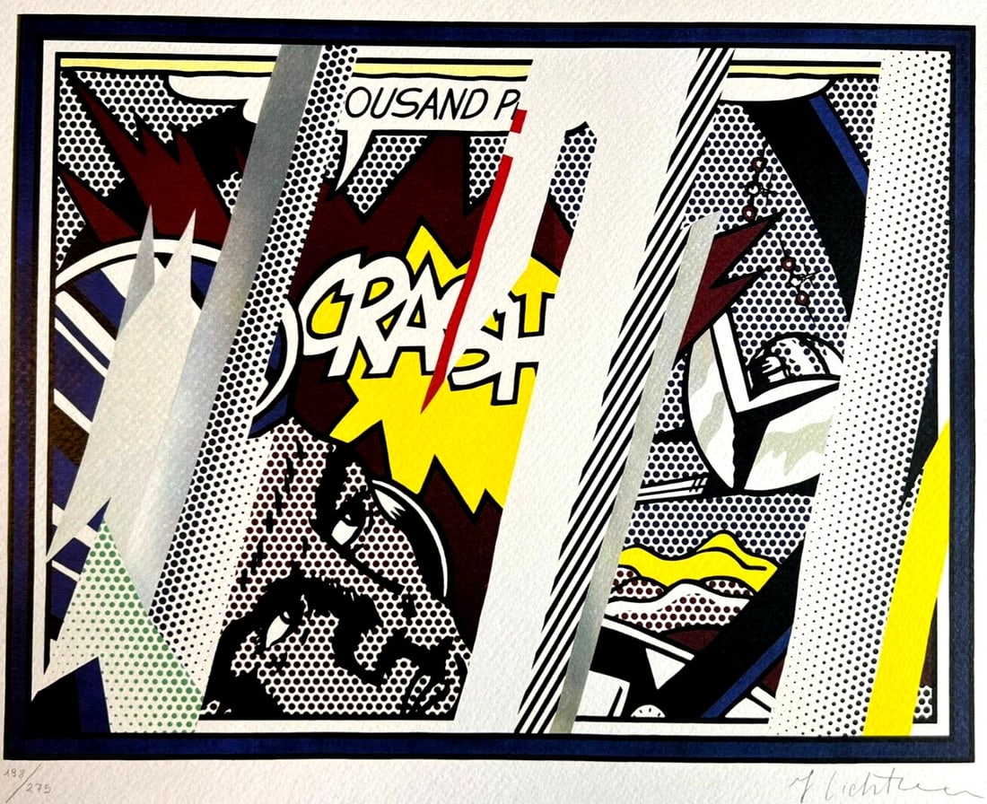 Lithograph by Roy Lichtenstein COA Signed Numbered ''Crash'': Lithograph by Roy Lichtenstein COA Signed Numbered ''Crash'' Roy Lichtenstein's signed and numbered lithograph 'Crash', produced in 1996, measures 32 x 41 cm and is one of 275 hand numbered specimens.
