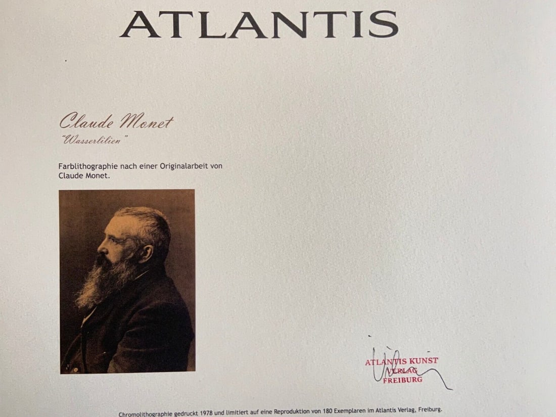 Signed Claude Monet Lithograph Numbered 1978: Signed Claude Monet Lithograph Numbered 1978 Signed Claude Monet lithograph 'N hell,' printed in 1978, limited to 180 specimens, measuring 30 x 40 cm, with an authentic stamp from Atlantis Kunst