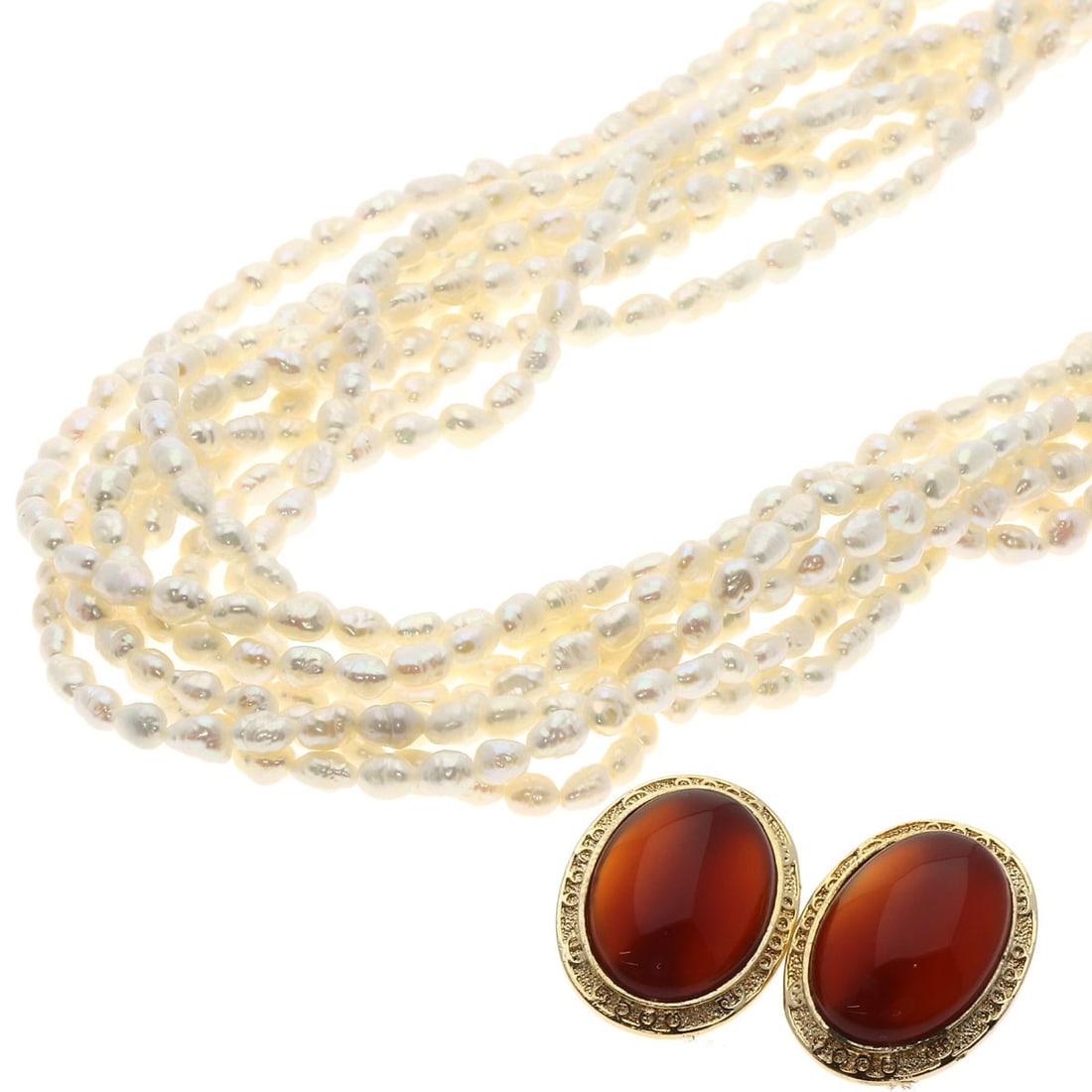 Agate Freshwater Pearl 8 Row Necklace Earring Set Metal (1 of 11)