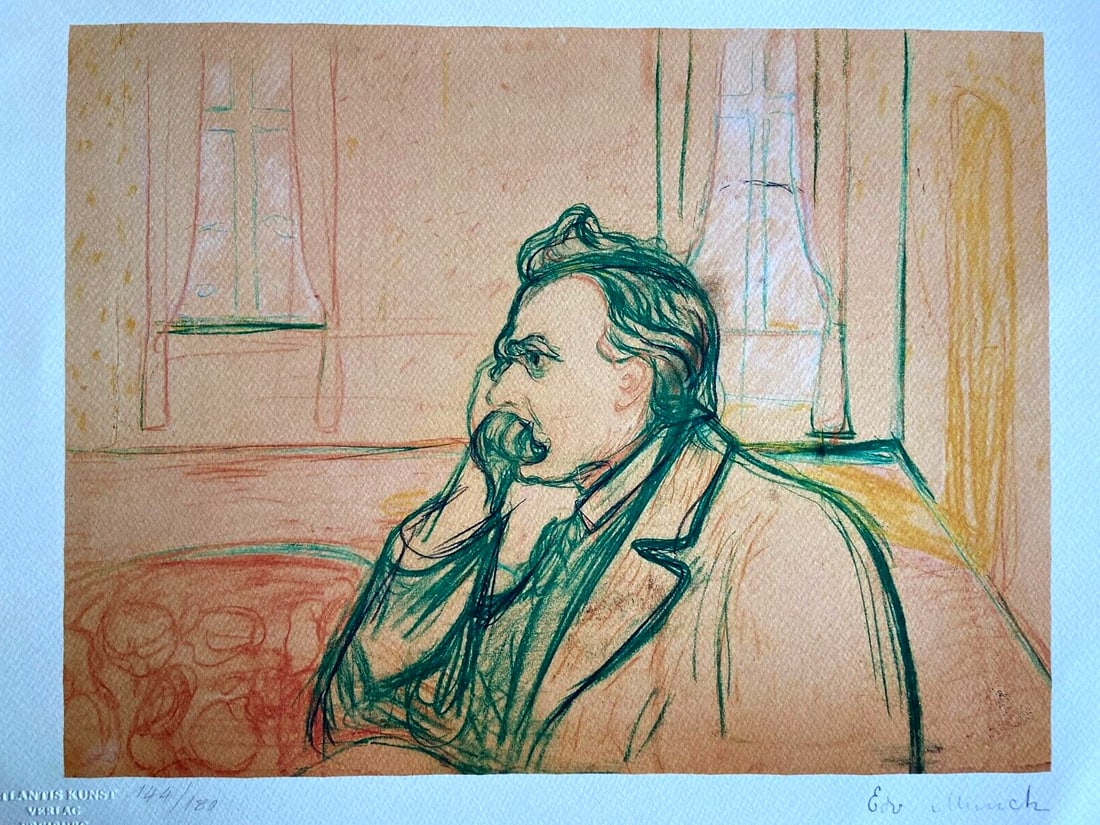 Edvard Munch "Friedrich Nietzsche" Signed with COA: Edvard Munch "Friedrich Nietzsche" Signed with COA Edvard Munch's 'Friedrich Nietzsche' chromolithograph from 1978, signed with a certificate of authenticity, measuring 32 x 42 cm. Item Specifics: