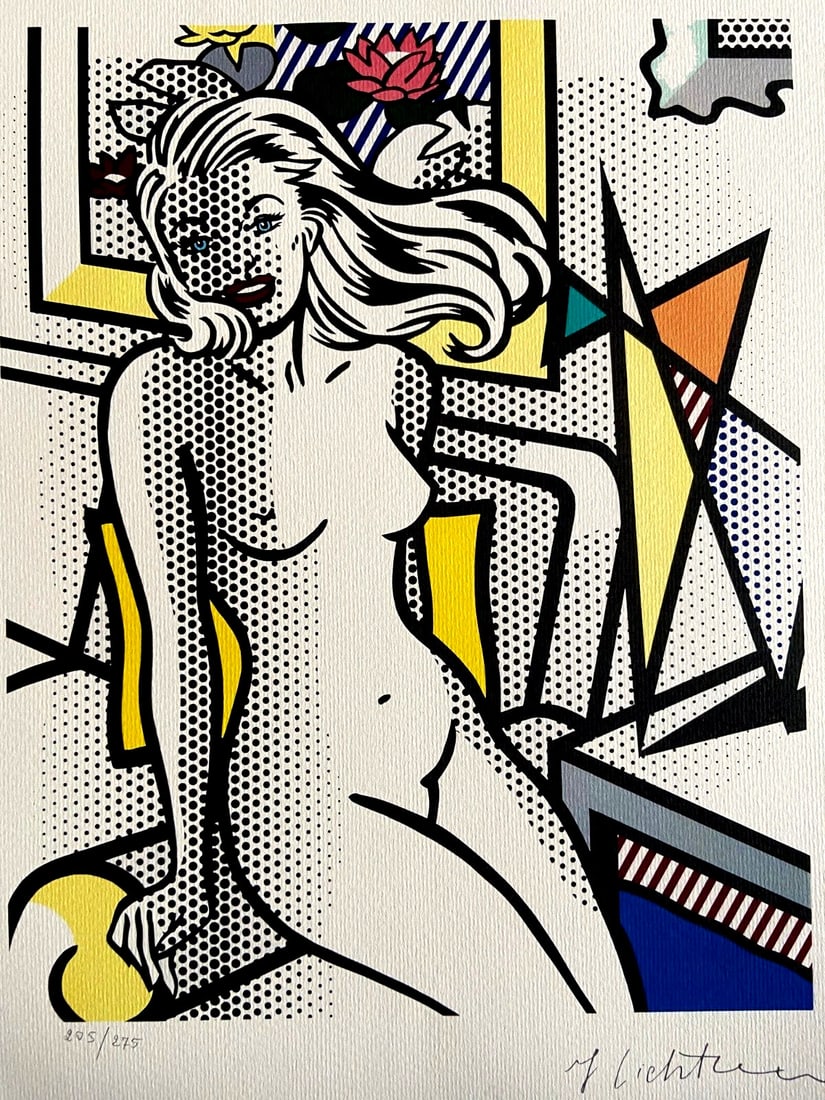 Roy Lichtenstein Lithograph Signed Original Numbered COA: Roy Lichtenstein Lithograph Signed Original Numbered COA Roy Lichtenstein's lithograph 'Naked in Yellow', printed in 1986, measures 30 x 40 cm and comes signed and numbered, showcasing themes of Ameri