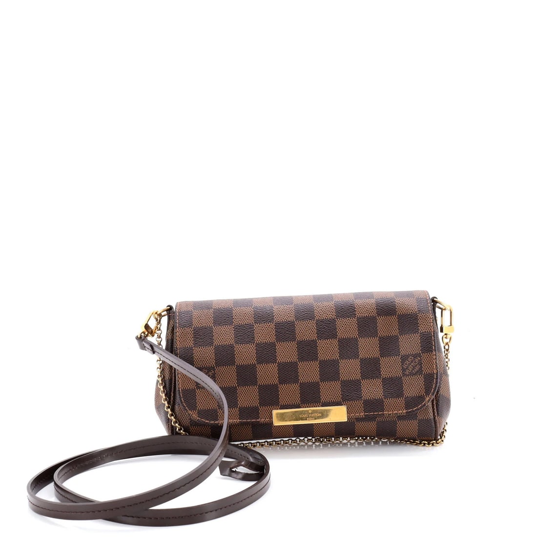 Louis Vuitton Damier PM Favorite Handbag: Louis Vuitton Damier PM Favorite Handbag Louis Vuitton Damier PM Favorite Handbag made of coated canvas with a brown exterior color and a red fabric interior. It includes a strap, dimensions of 5" hei
