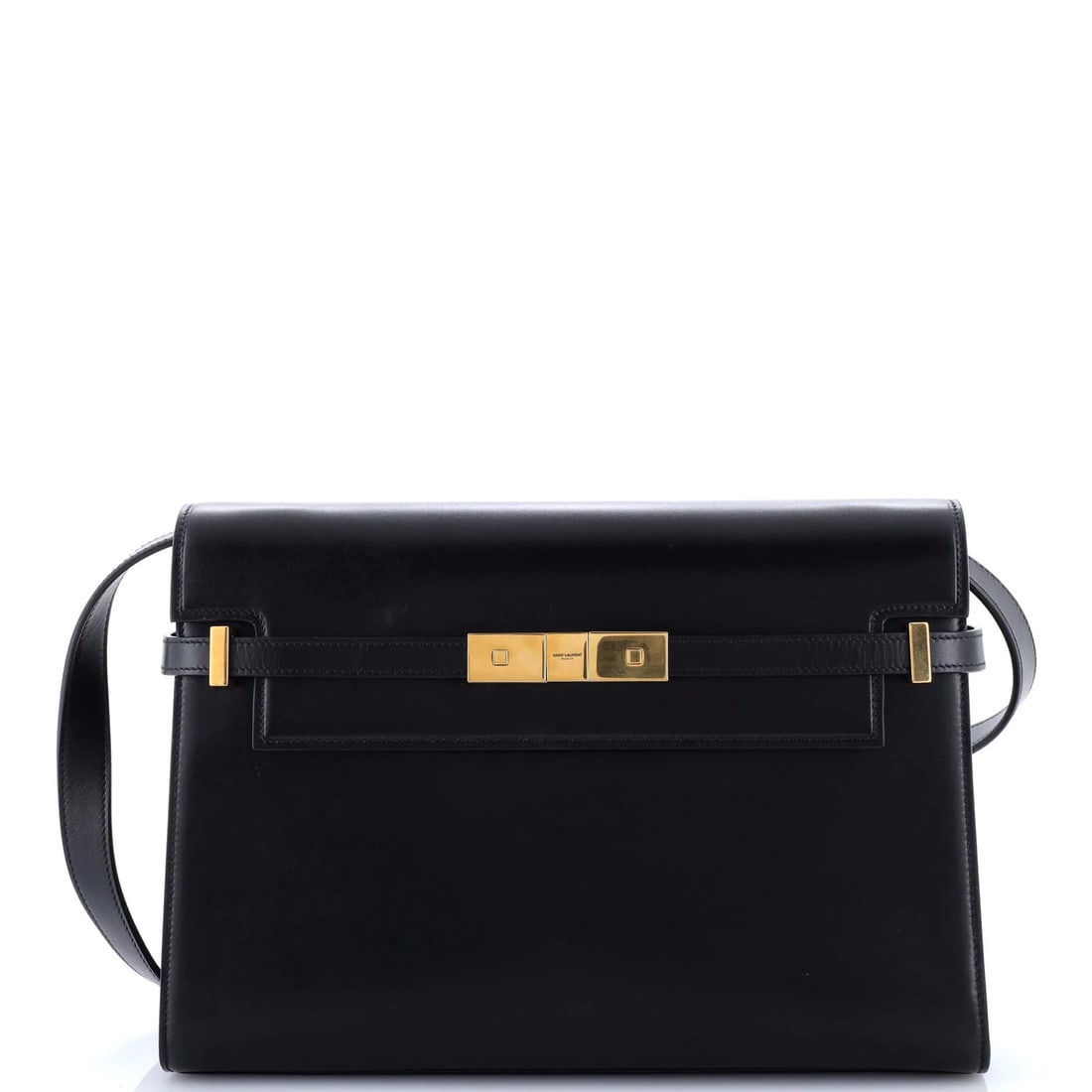 Medium Leather Manhattan Shoulder Bag by Saint Laurent: Medium Leather Manhattan Shoulder Bag by Saint Laurent Saint Laurent's medium Manhattan shoulder bag is made from black leather and measures 8" in height, 11" in width, and 3" in depth, with an adjust