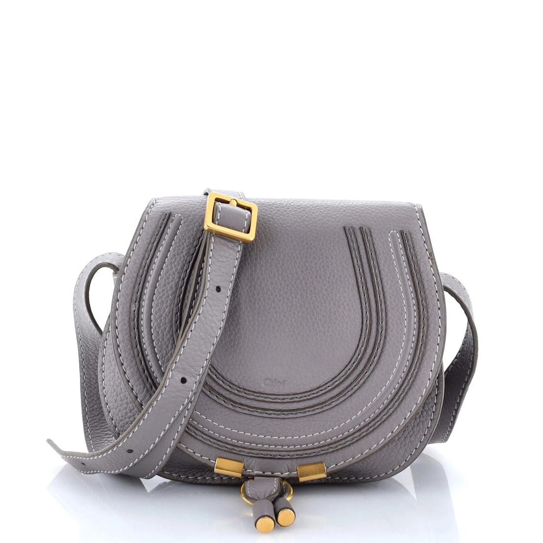 Small Chloe Marcie Leather Crossbody Bag: Small Chloe Marcie Leather Crossbody Bag Chloe's Small Marcie Leather Crossbody Bag in gray features a height of 7", width of 7.5", and depth of 4", in very good condition with minor scuffs and crease
