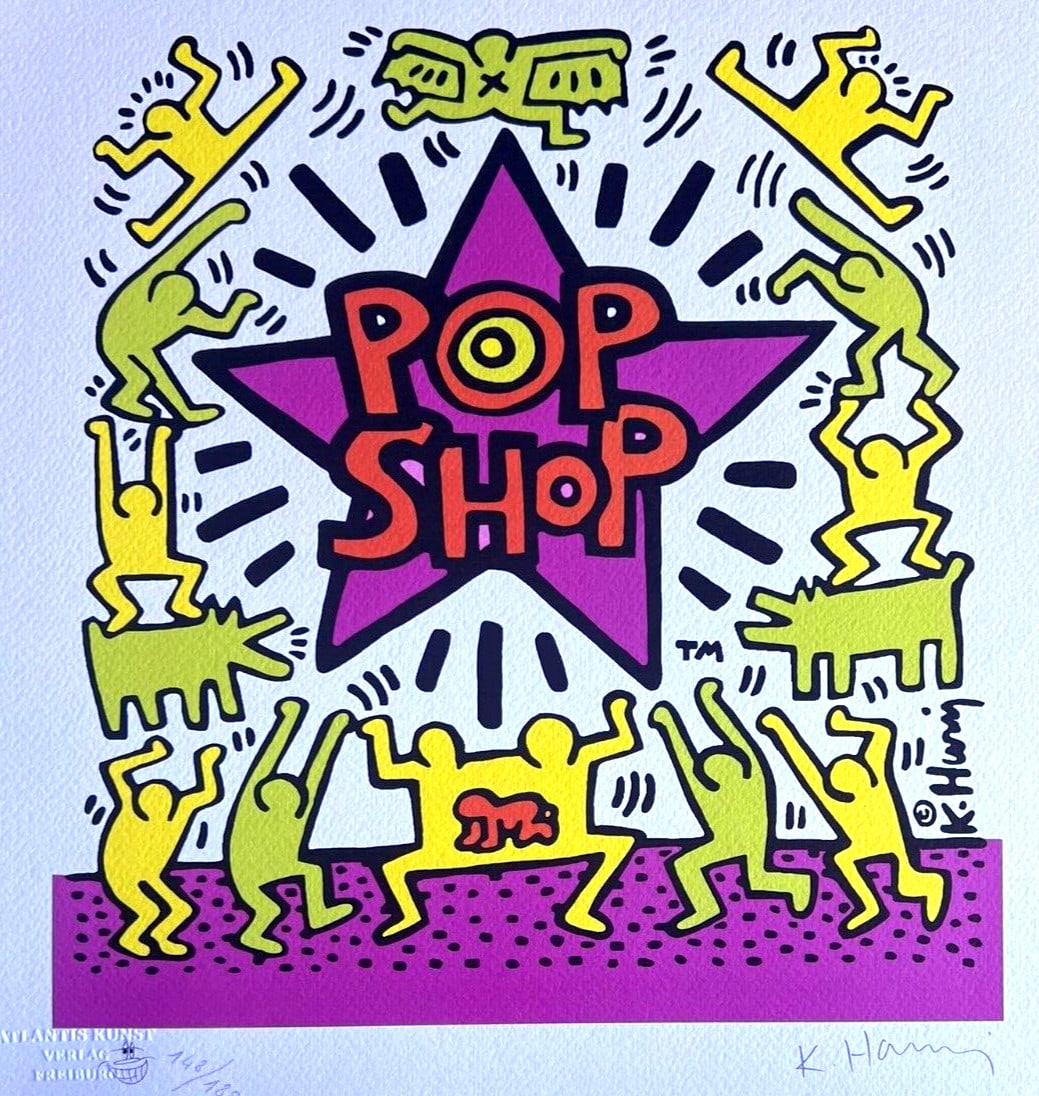 Keith Haring Lithograph from Painting: Keith Haring Lithograph from Painting Keith Haring Lithograph titled 'Pop Shop', printed in 1989, measuring 32 x 35 cm, signed and accompanied by a COA. Item Specifics: Country Of Origin: United State