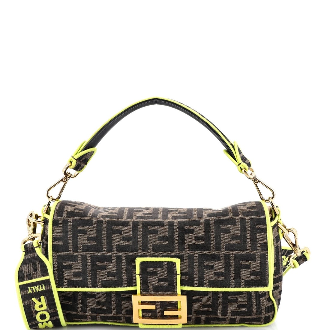 Fendi Baguette Medium Bag Zucca Canvas: Fendi Baguette Medium Bag Zucca Canvas Fendi Baguette Medium Bag in Zucca canvas with gold hardware, measuring 10" x 6" x 2" and a 4" handle drop. Condition is very good with minor wear and scuffs. It