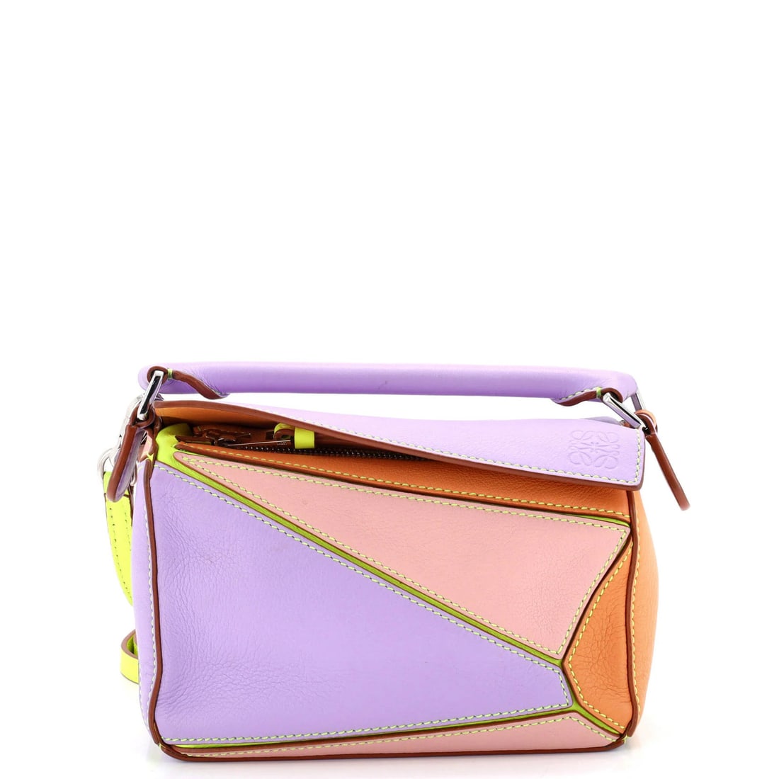 Loewe Mini Puzzle Bag in Leather: Loewe Mini Puzzle Bag in Leather The Loewe Mini Puzzle Bag is a multicolor leather crossbody with dimensions of 4.5" x 7" x 3" and includes a strap with a drop from 15.5" to 23.5", in great condition